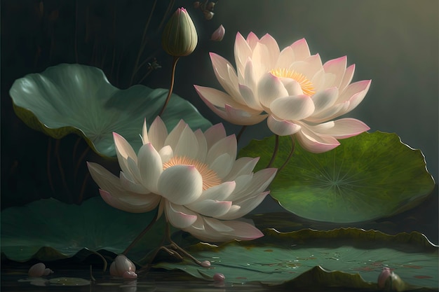 The lotus flower is painted on canvas with a brush