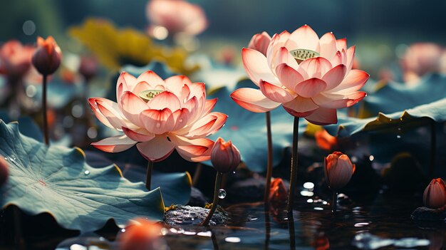 Lotus Flower Landscape in Retro Style