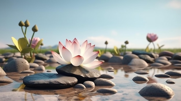 Цветок лотоса на гальке в воде, генерирующий искусственный интеллект