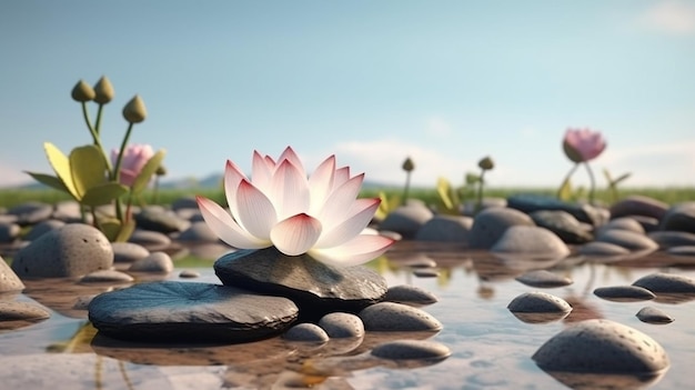 Lotus flower on the pebbles in the water generative ai