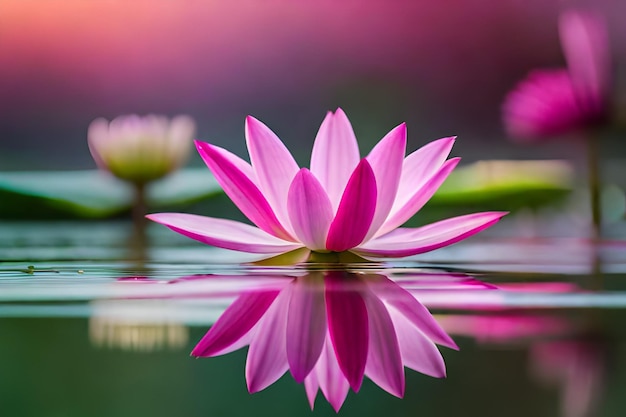 lotus flower on a pond with the sun setting behind it.