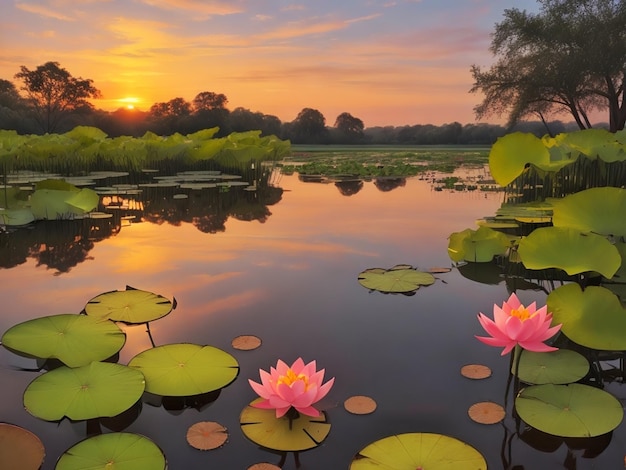 夕暮れの池の蓮の花