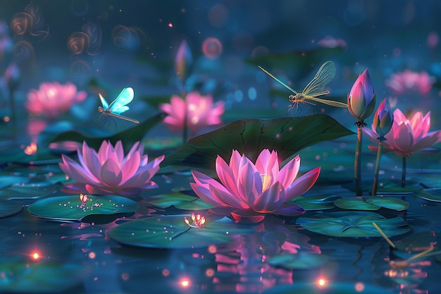 Lotus flower pond with vibrant dragonflies octane