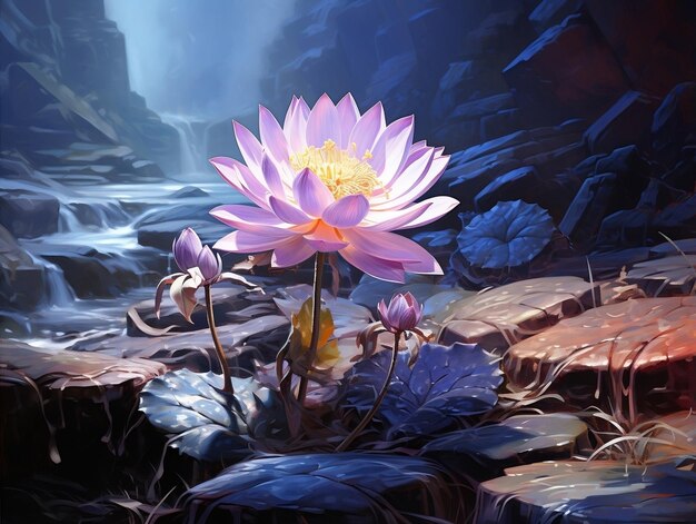 Photo lotus flower on the rocks with a light of sunlight