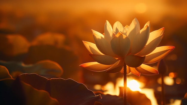 蓮の花は高く立っていますその花びらは静かな池の上に沈む太陽の暖かいバックライトで輝いています