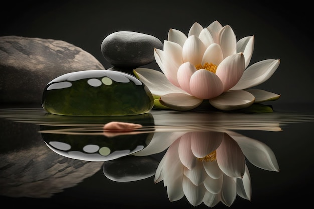 A lotus flower and stones on a table