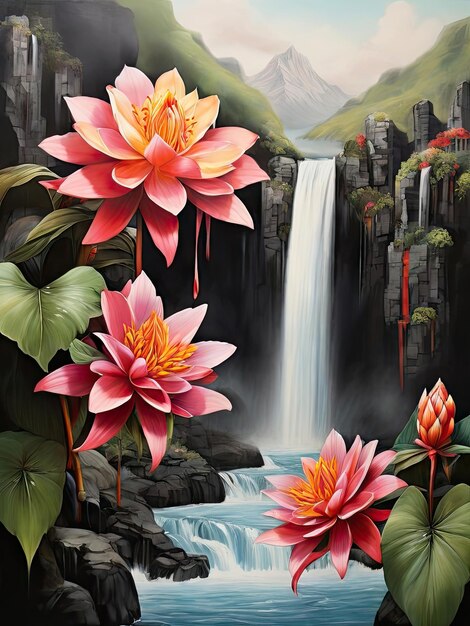 lotus flower and waterfall