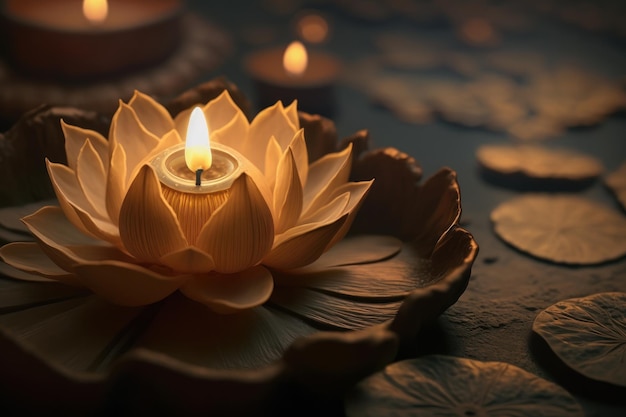 Lotus flower with candle light background Buddha purnima Vesak day Generative ai