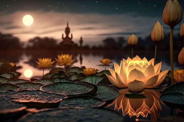 Photo lotus flower with candle light background buddha purnima vesak day generative ai