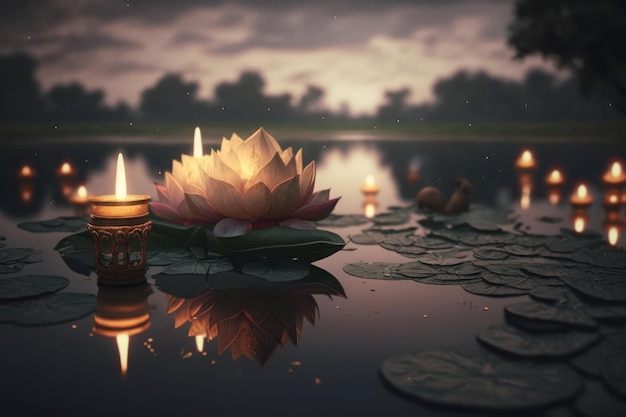 Photo lotus flower with candle light background buddha purnima vesak day generative ai