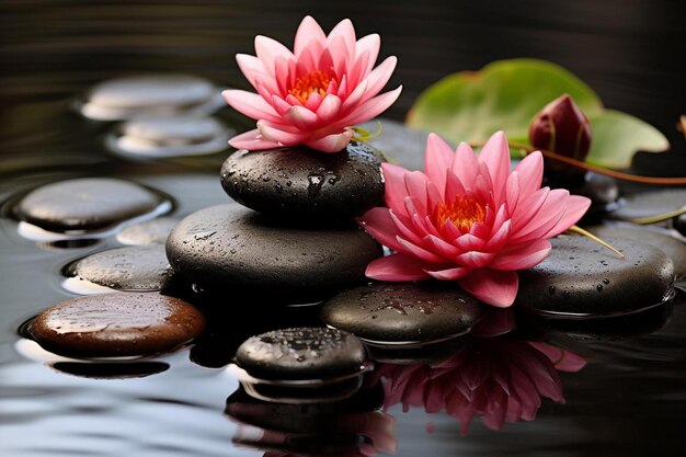 a lotus flower with pink water lilies on a surface with water lilies