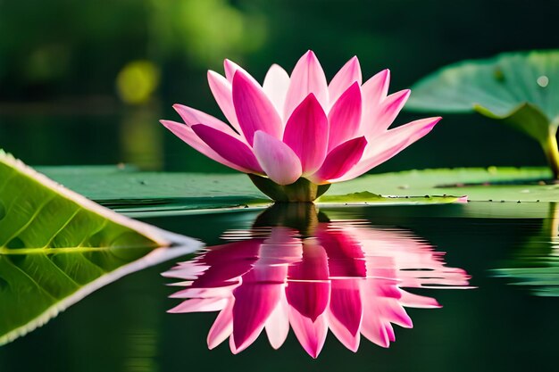 Lotus flower with the reflection of the sky and trees in the background