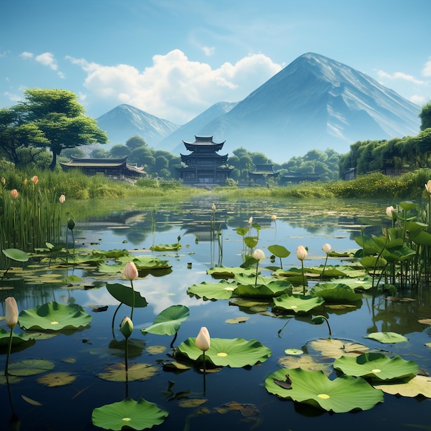 lotus flowers bloom beautifully in the lake and as a backdrop to the mountain view generated ai