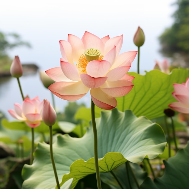 lotus flowers blooming in a pond with a lake in the background generative ai