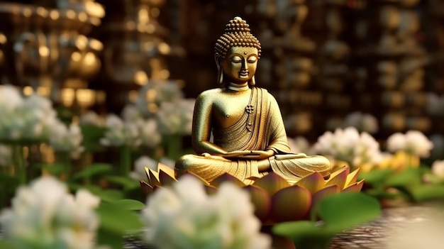 Lotus flowers and gold buddha statue Generative AI