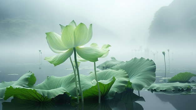 Lotus flowers in a pond with mountains in the background