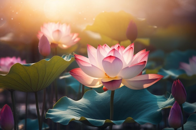 Lotus flowers in a pond with the sun shining on them