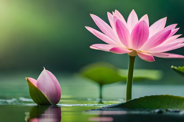 Lotus flowers on a pond with the sun behind them