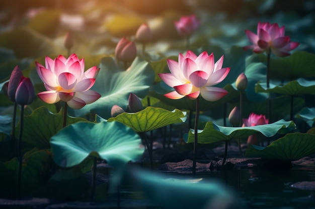 Lotus flowers in the pond with sunlight