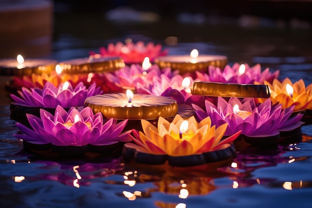 Lotus flowers symbol of spiritual purity adorning a swimming pool during the diwali celebration