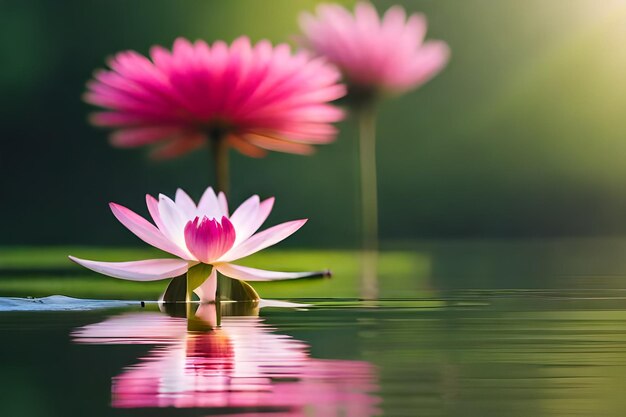 Lotus flowers with the sun behind them