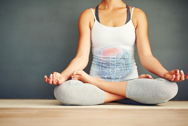 Lotus hands and woman on a floor for meditation relax and zen in studio wellness and peace Yoga pose and girl in chakra balance and energy training exercise and posture alignment in a room