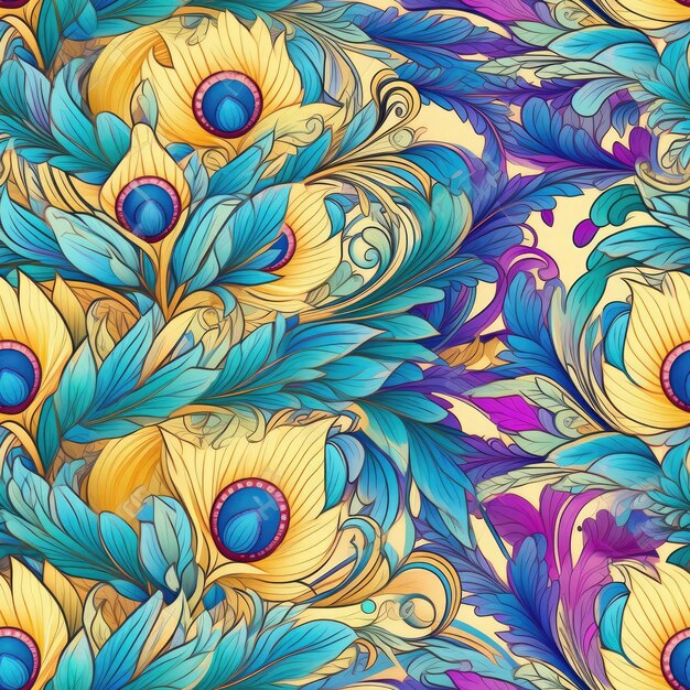 Lotus peacock feather motif seamless pattern AI Generated