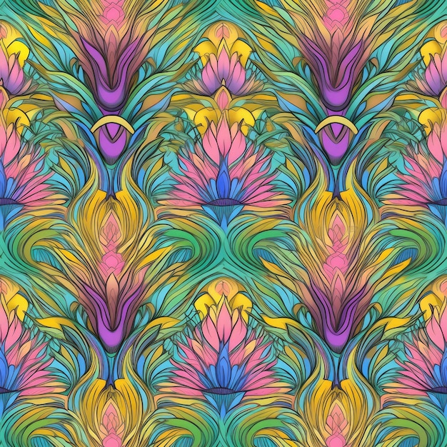 Lotus peacock feather motif seamless pattern AI Generated