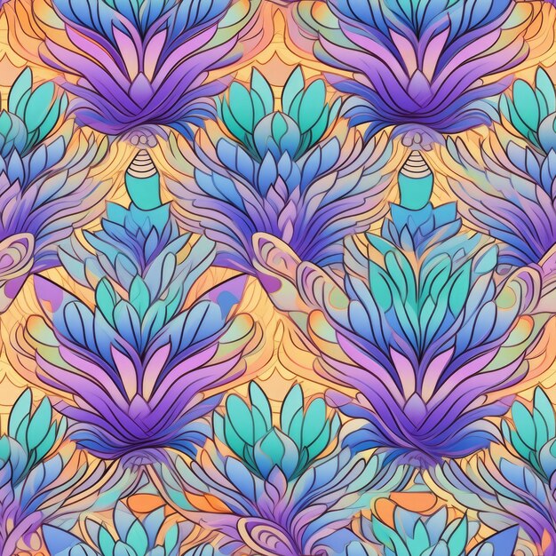 Lotus peacock feather motif seamless pattern AI Generated