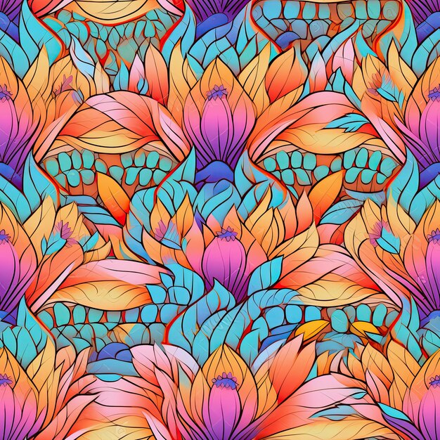 Lotus peacock feather motif seamless pattern AI Generated