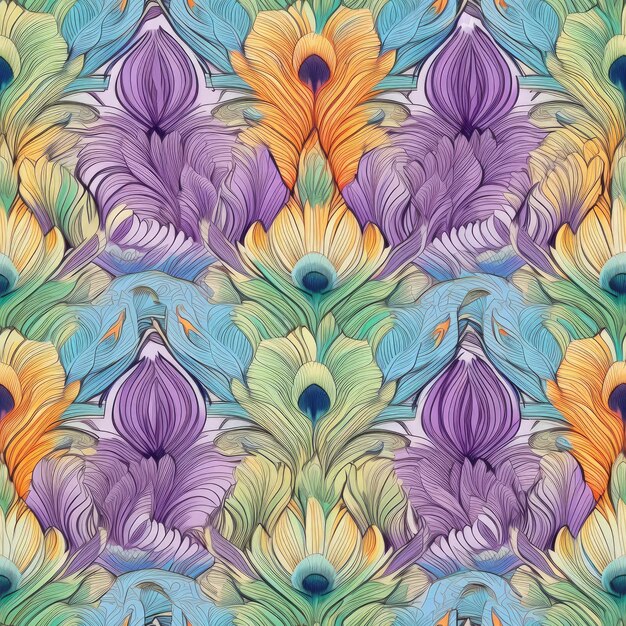 Lotus peacock feather motif seamless pattern AI Generated