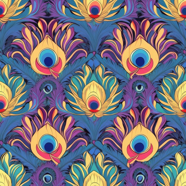 Lotus peacock feather motif seamless pattern AI Generated