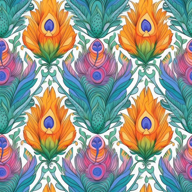 Lotus peacock feather motif seamless pattern AI Generated