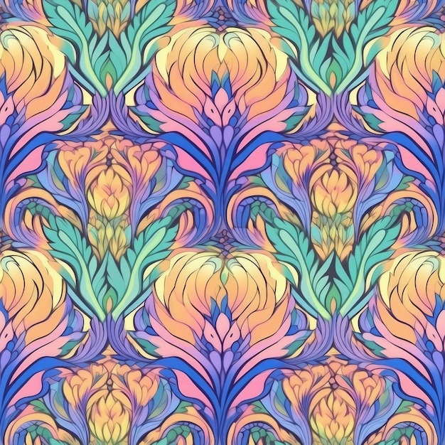 Lotus peacock feather motif seamless pattern AI Generated