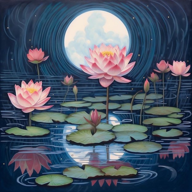 Lotus in Pond with Full Moon Background Generative AI