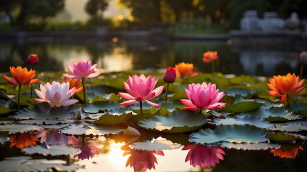 A lotus pond with pink and white flowers and green leaves reflecting on the water