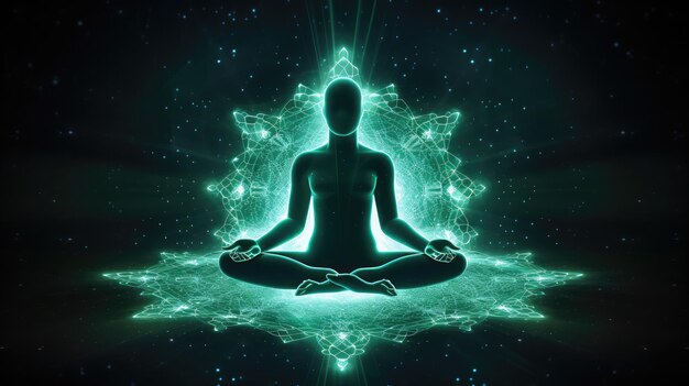 lotus pose icon shaped with white neural connection lines and glowing dotsbinary background