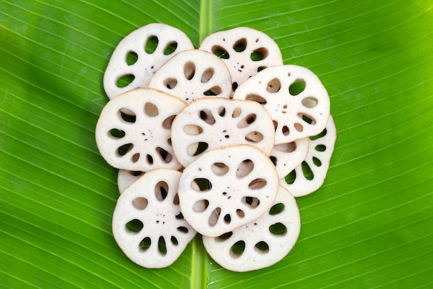 Lotus root on banana leaf