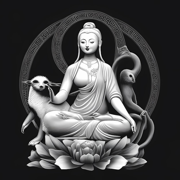 Lotus Serenity Zwart-wit illustratie Kleurplaat van Guanyin als een luiaard