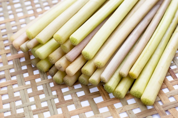 Lotus stem on bamboo weave plate