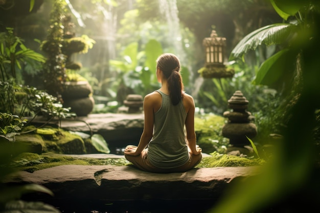 Lotus tranquility woman's silhouette in meditation against garden's lush and zen backdrop