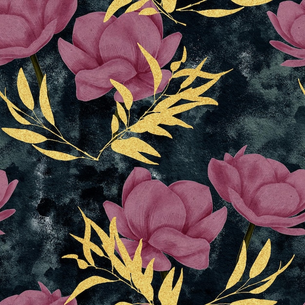 Lotus with golden leaves on deep blue watercolor background seamless pattern