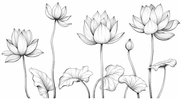 Lotusbloem en bladeren Lijnkunst zwart-wit Generatieve AI
