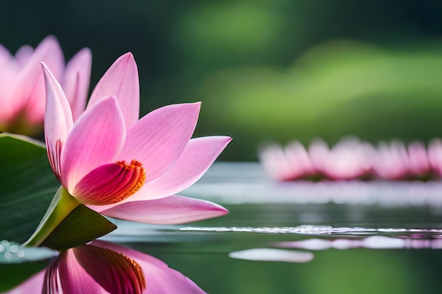 lotusbloem in het water met de achtergrond van groene bladeren en roze bloemen.