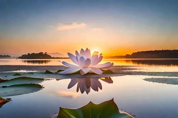 Lotusbloem op een meer bij zonsondergang