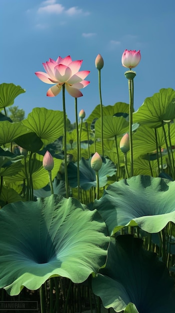 lotusbloemen bloeien in een veld van groene bladeren generatieve ai