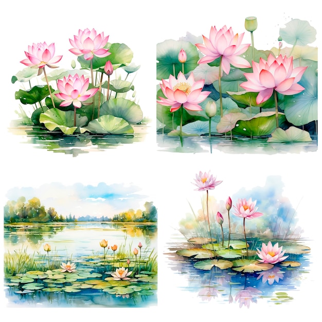 Foto lotusbloemen grote set met de hand getekende aquarel illustratie van tropische roze waterlily en groene bladeren op een geïsoleerde achtergrond bundel waterlily voor clipart of spa of zen ontwerp botanische tekening