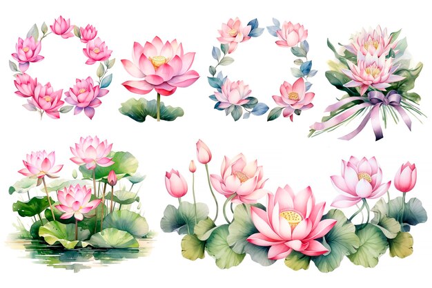 Lotusbloemen grote set met de hand getekende aquarel illustratie van tropische roze waterlily en groene bladeren op een geïsoleerde achtergrond bundel waterlily voor clipart of spa of Zen ontwerp Botanische tekening