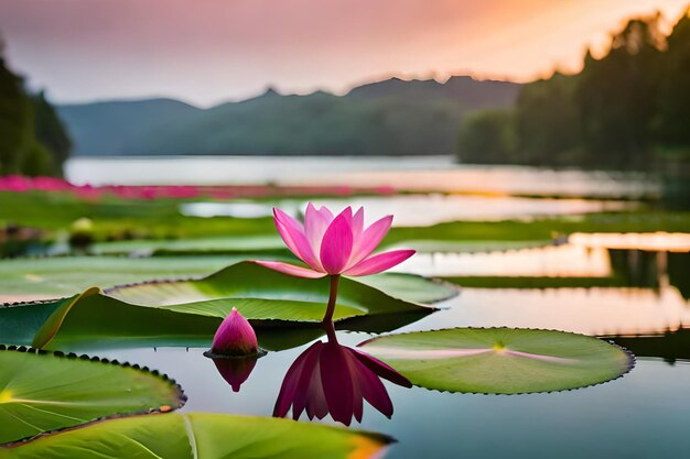 lotusbloemen in een vijver bij zonsondergang