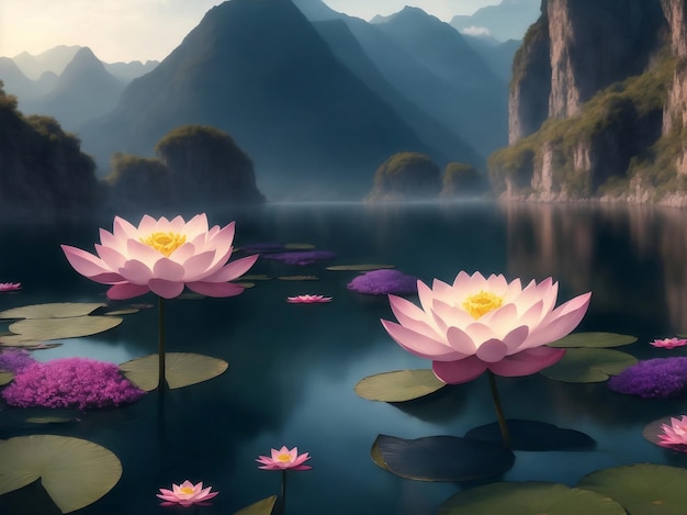 Lotuses in a river with moutain background Generative AI Illustration